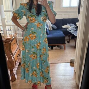 Alemais Turquoise Floral Puff Sleeve Midi Dress